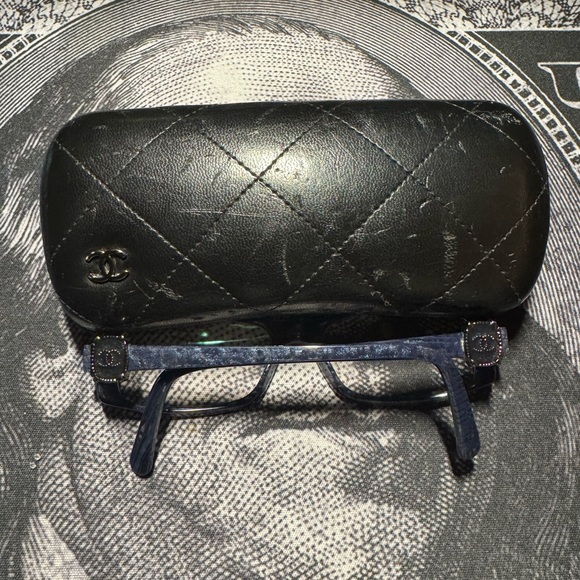 Chanel Black Quilted Glasses Case with Blue Glasses - Picture 1 of 9